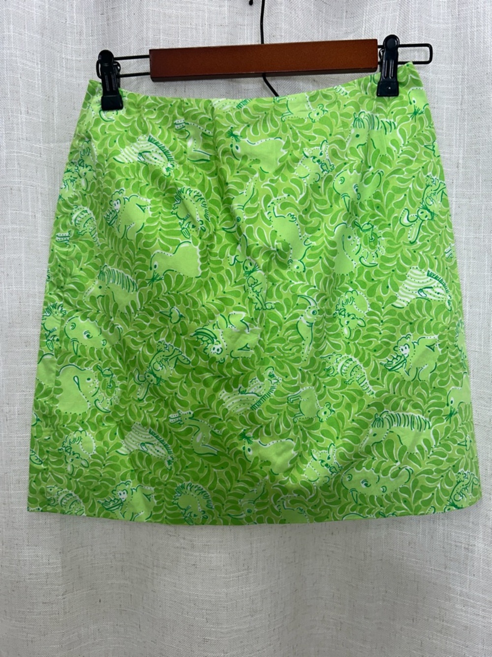 Lilly Pulitzer Vintage Bright Lime Green Safari Printed A-Line Skirt 2 Petite